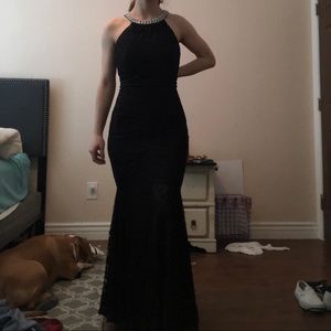 Long black graduation, prom, lace dress